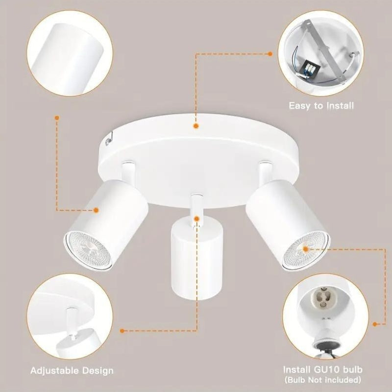 Plafonnier 3 spots orientables sur platine ronde blanche, GU10