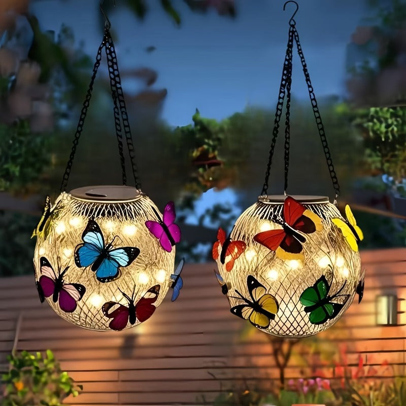 Lot de 2 lanternes solaires boules à papillons, à suspendre, IP65