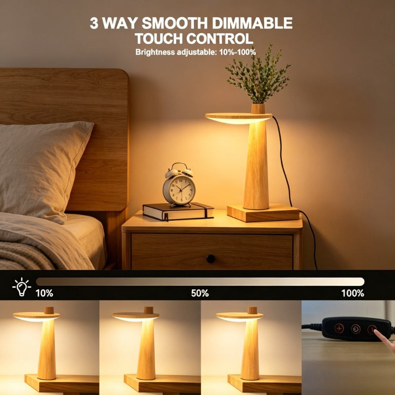Lampe de chevet en bois à disque lumineux et soliflore intégré