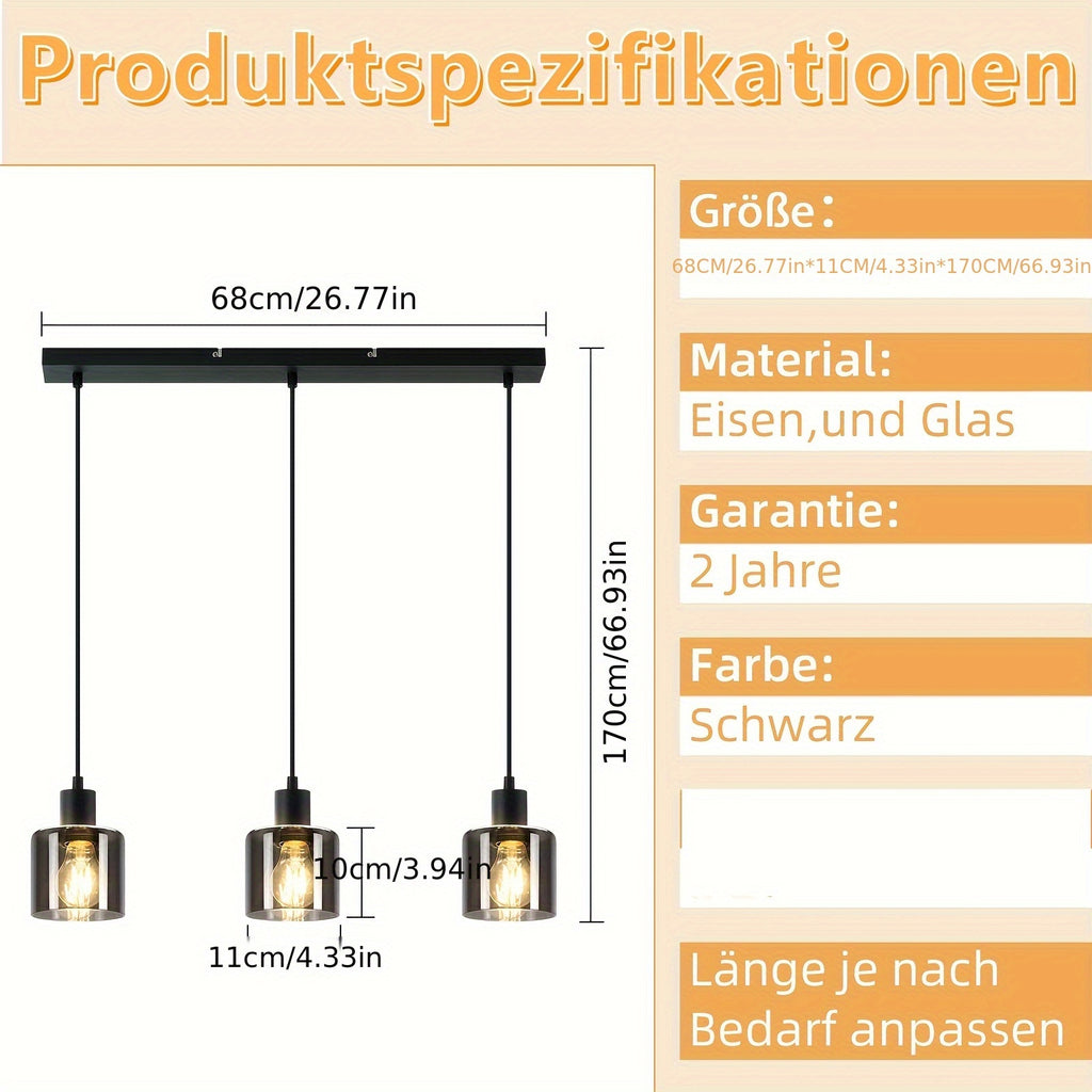 Suspension 3 cylindres en verre fumé sur rosace noire, E27