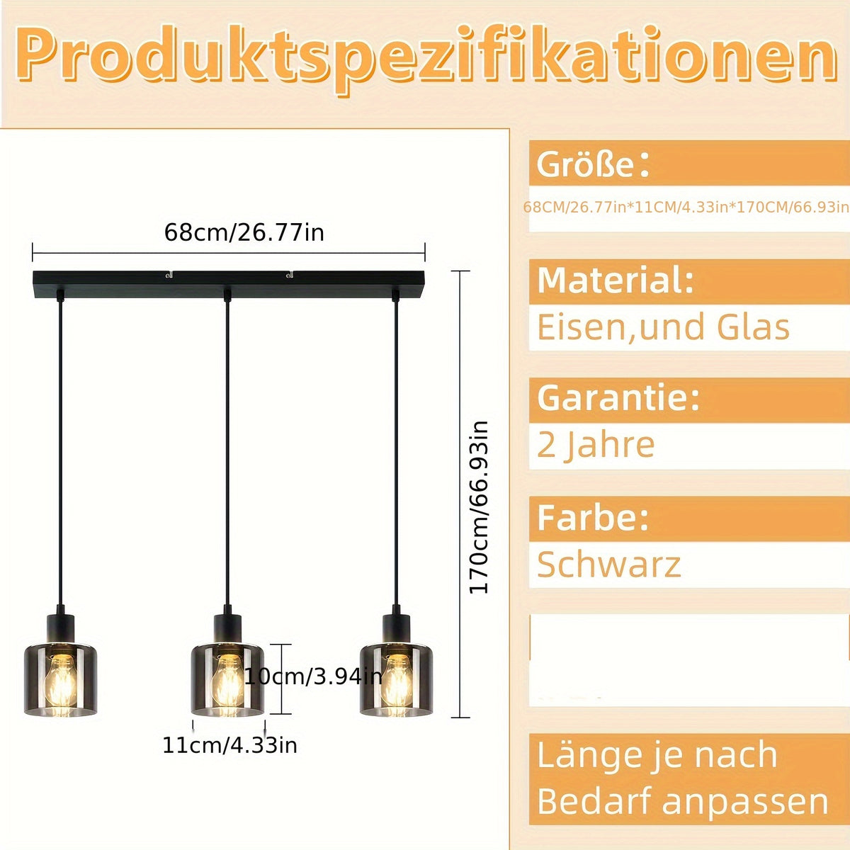 Suspension 3 cylindres en verre fumé sur rosace noire, E27
