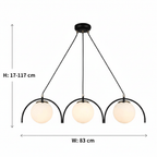 Suspension 3 globes opalins sous arches noires, largeur 83 cm