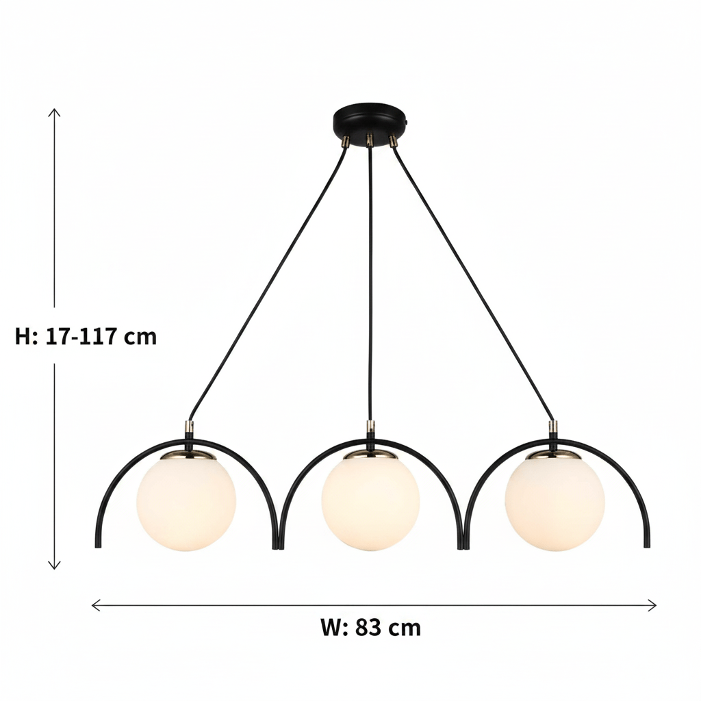 Suspension 3 globes opalins sous arches noires, largeur 83 cm