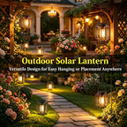Lanterne solaire à suspendre, cage en métal noir et ampoule filament