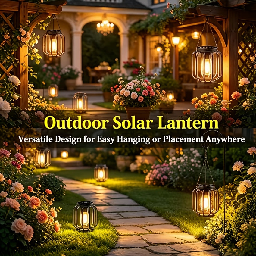 Lanterne solaire à suspendre, cage en métal noir et ampoule filament
