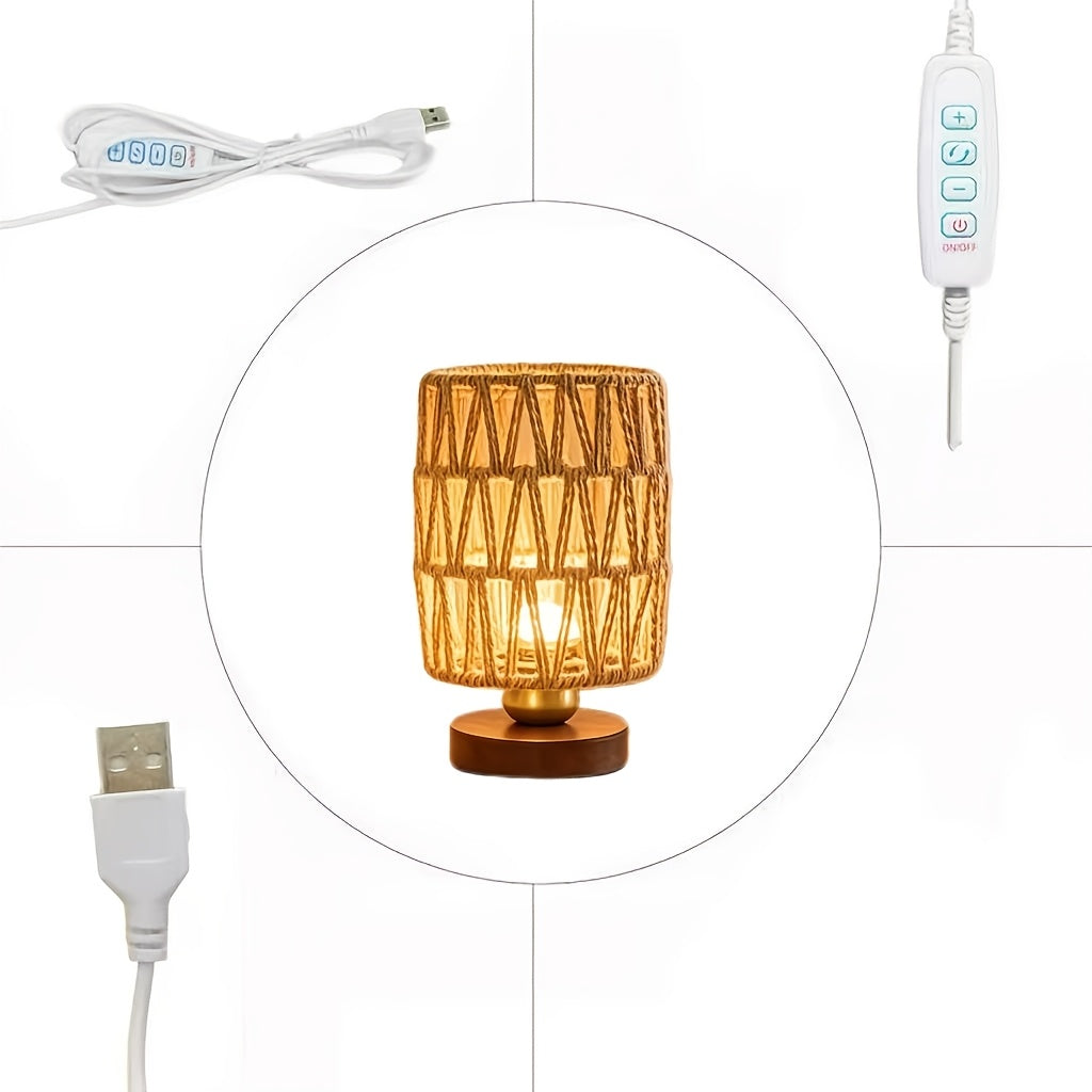 Lampe de chevet en corde tressée en zigzag, socle brun et variateur