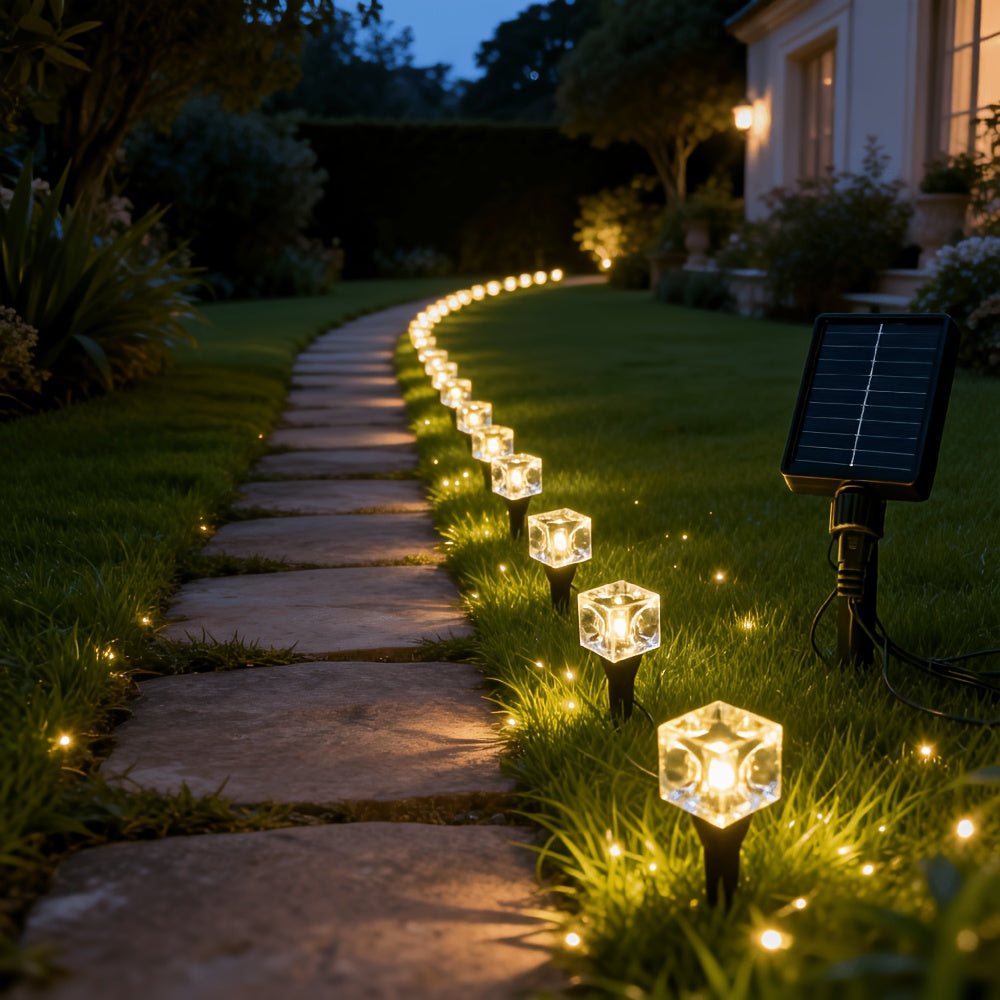 Guirlande solaire cubes effet glaçon sur piquets, 20 ou 30 LED