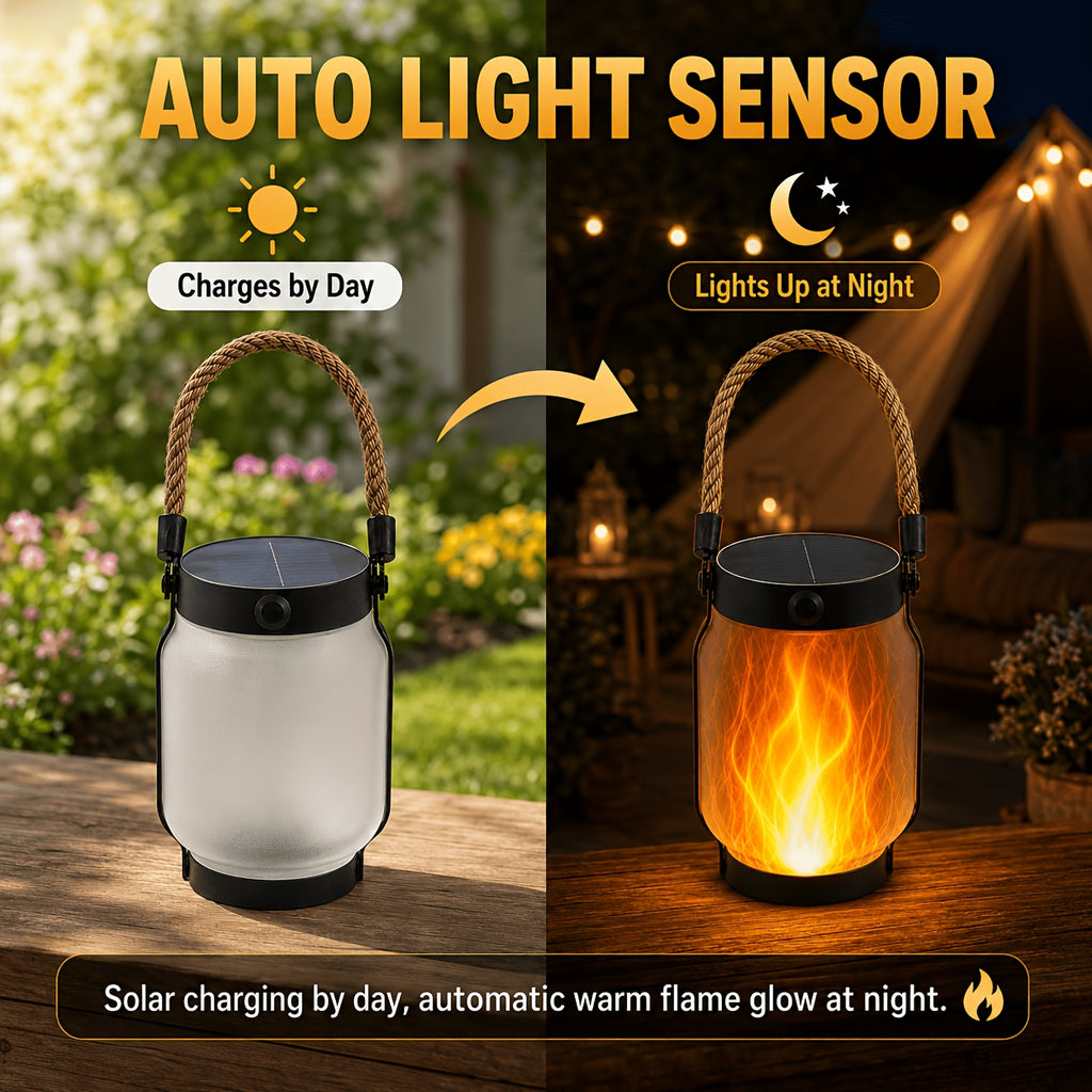 Lanterne solaire à flamme rechargeable en USB-C, anse en corde