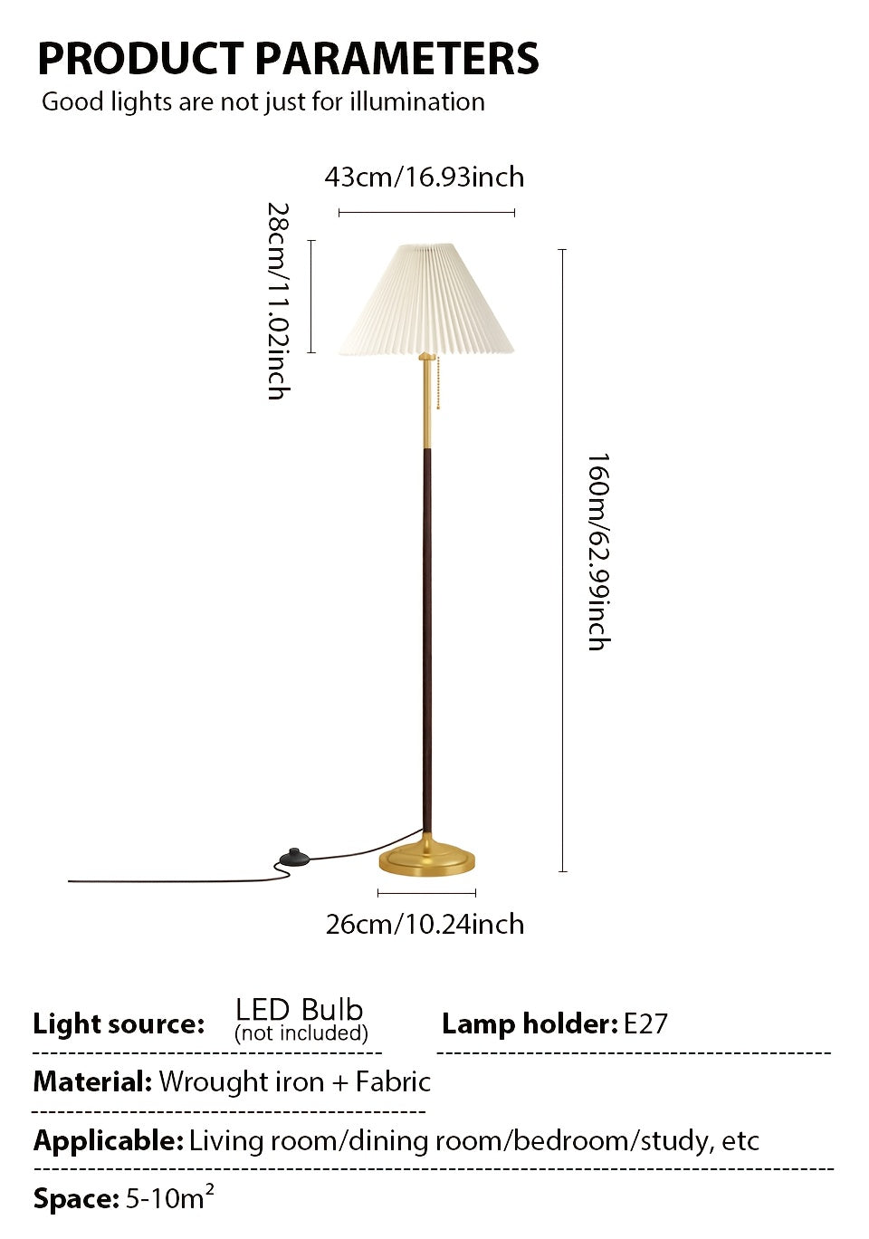 Lampe sur pied à abat-jour plissé crème et chaînette dorée, 160 cm