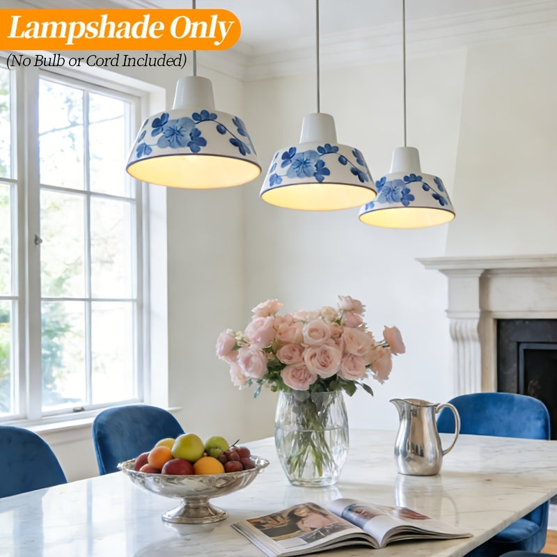 Abat-jour de suspension en porcelaine bleu et blanc à fleurs