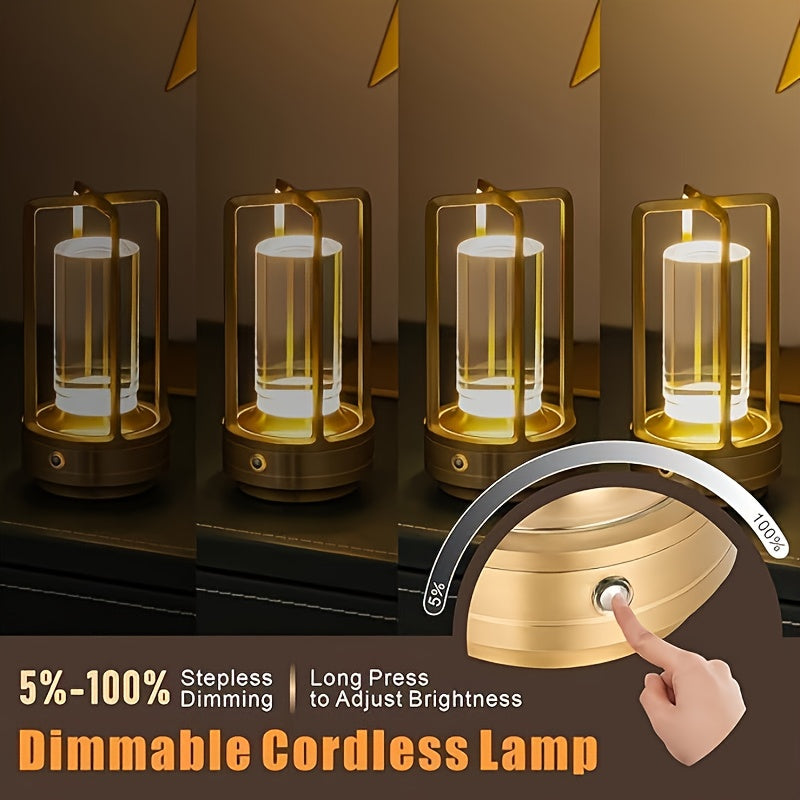 Lampe lanterne sans fil rétro, cylindre transparent et cadre métal