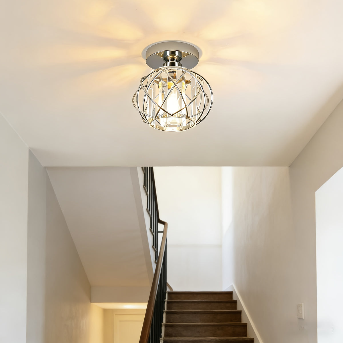 Plafonnier boule cage dorée ou chromée effet cristal, Ø 18 cm, E27