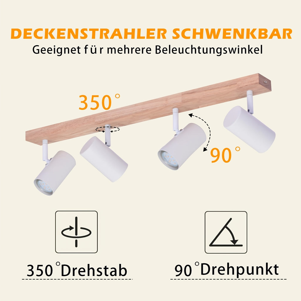 Plafonnier 4 spots GU10 orientables, spots blancs sur barre en bois