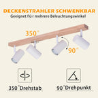 Plafonnier 4 spots GU10 orientables, spots blancs sur barre en bois