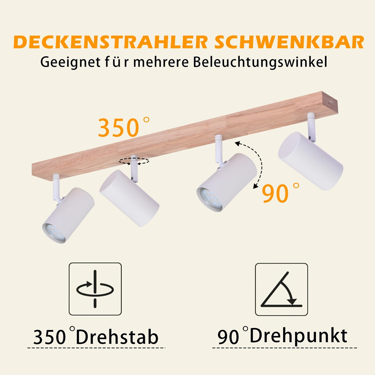 Plafonnier 4 spots GU10 orientables, spots blancs sur barre en bois
