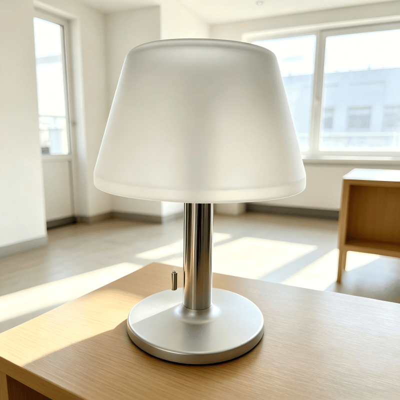 Lampe de table solaire abat-jour blanc et pied argenté, IP44