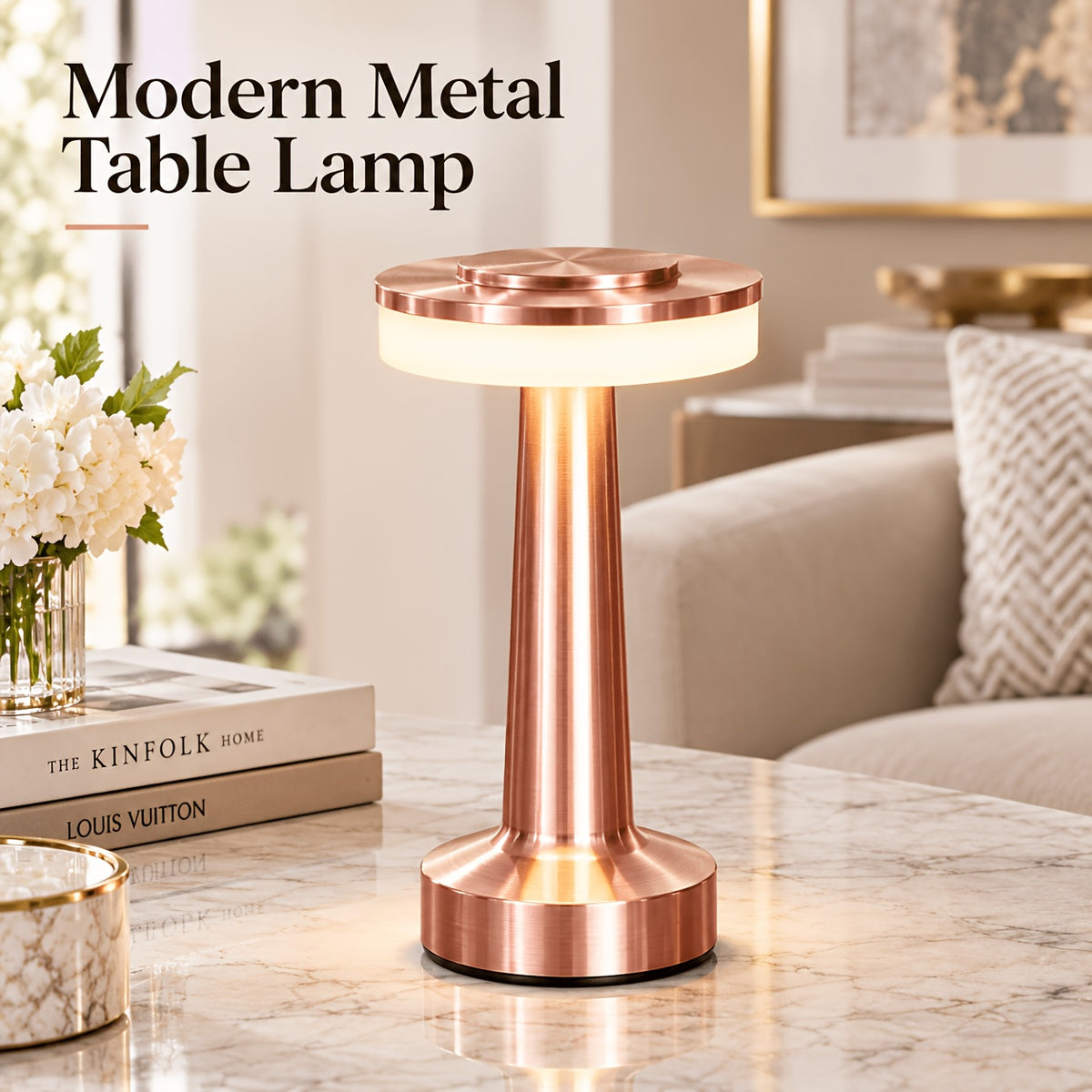 Lampe de table sans fil en métal brossé, tête plate tactile Ø 12 cm