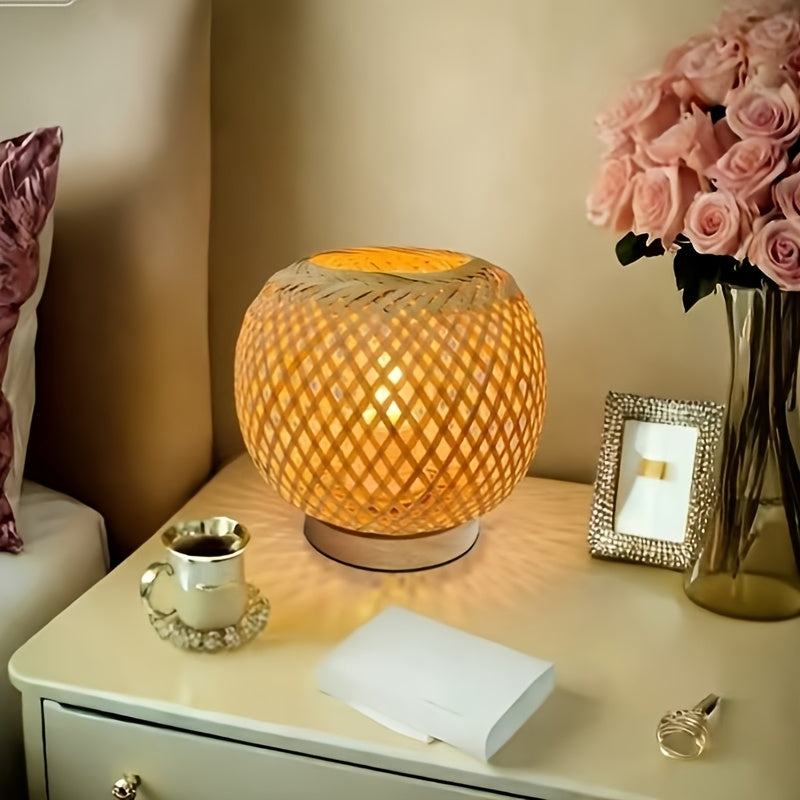 Lampe de chevet boule en bambou tressé, socle en bois, 18 cm