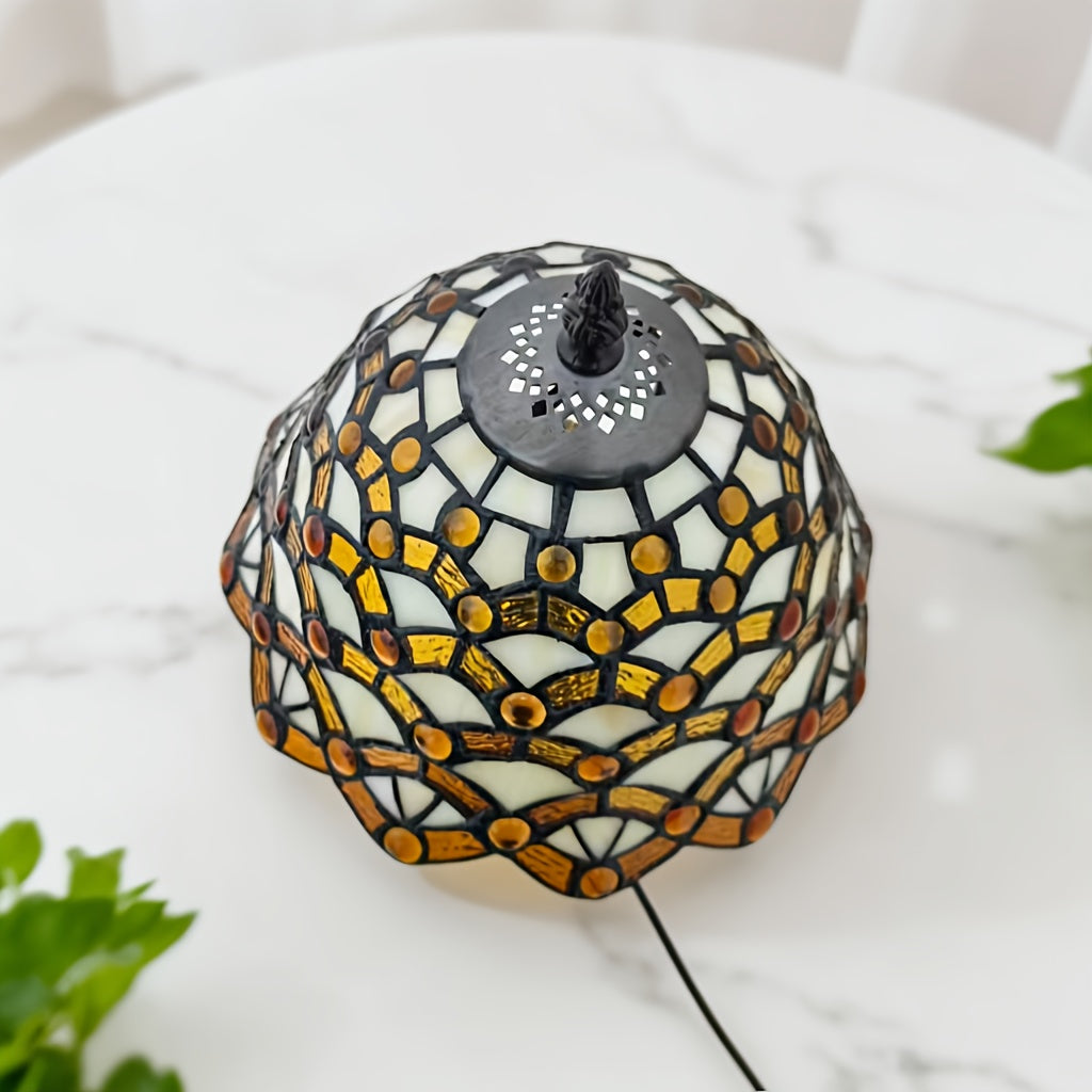 Lampe de table en vitrail ambré et ivoire, pied en résine, E27