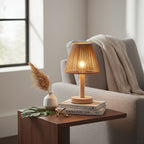 Lampe de chevet en bois et abat-jour conique en corde tressée, 25 cm