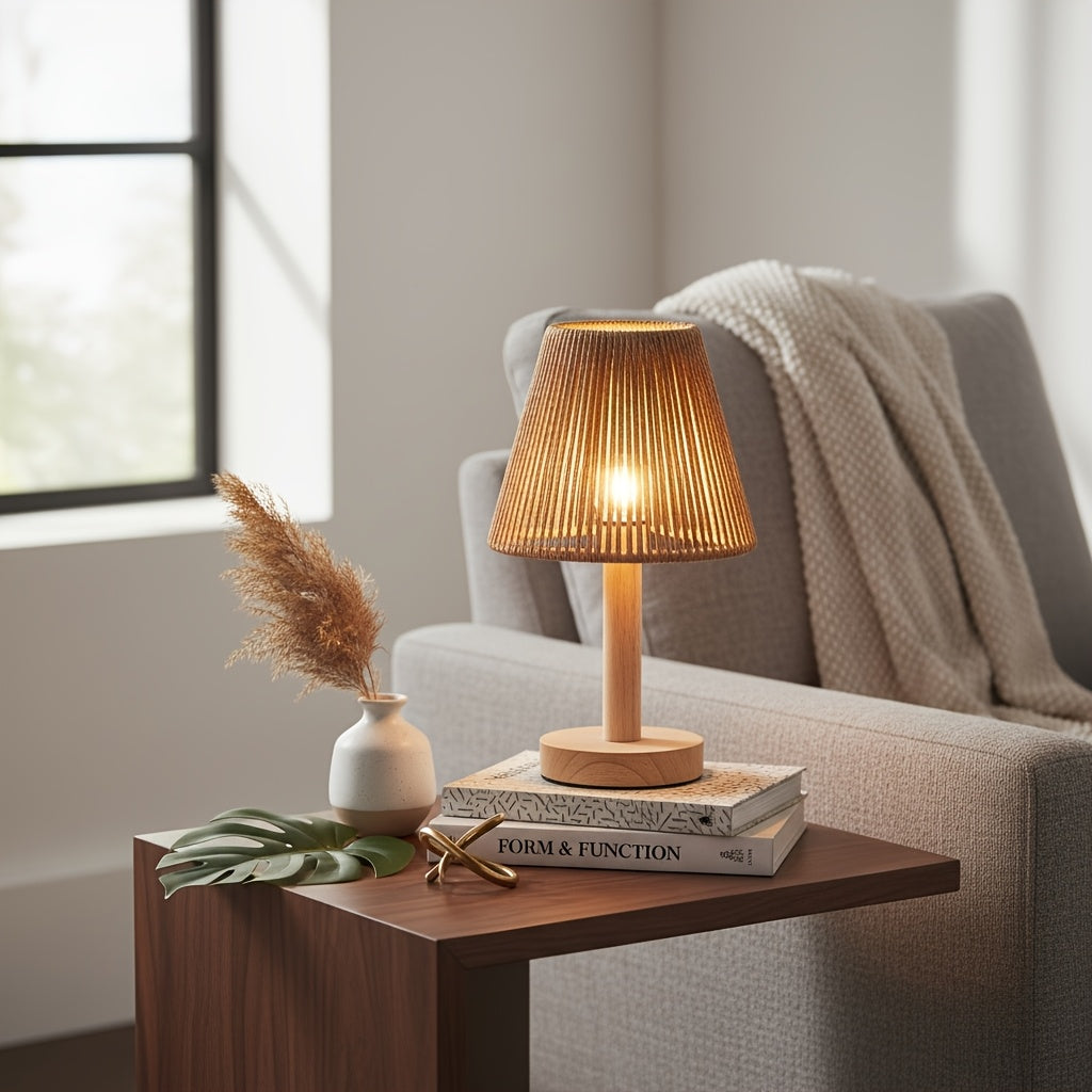 Lampe de chevet en bois et abat-jour conique en corde tressée, 25 cm