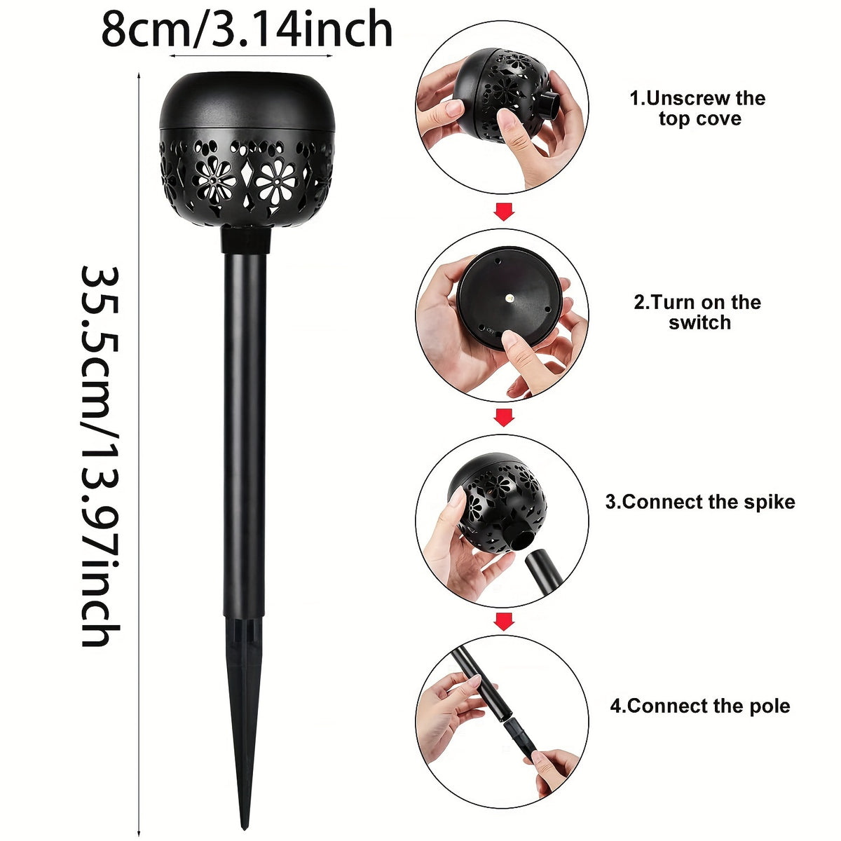 Lampe solaire à projection florale, boule noire ajourée, IP44
