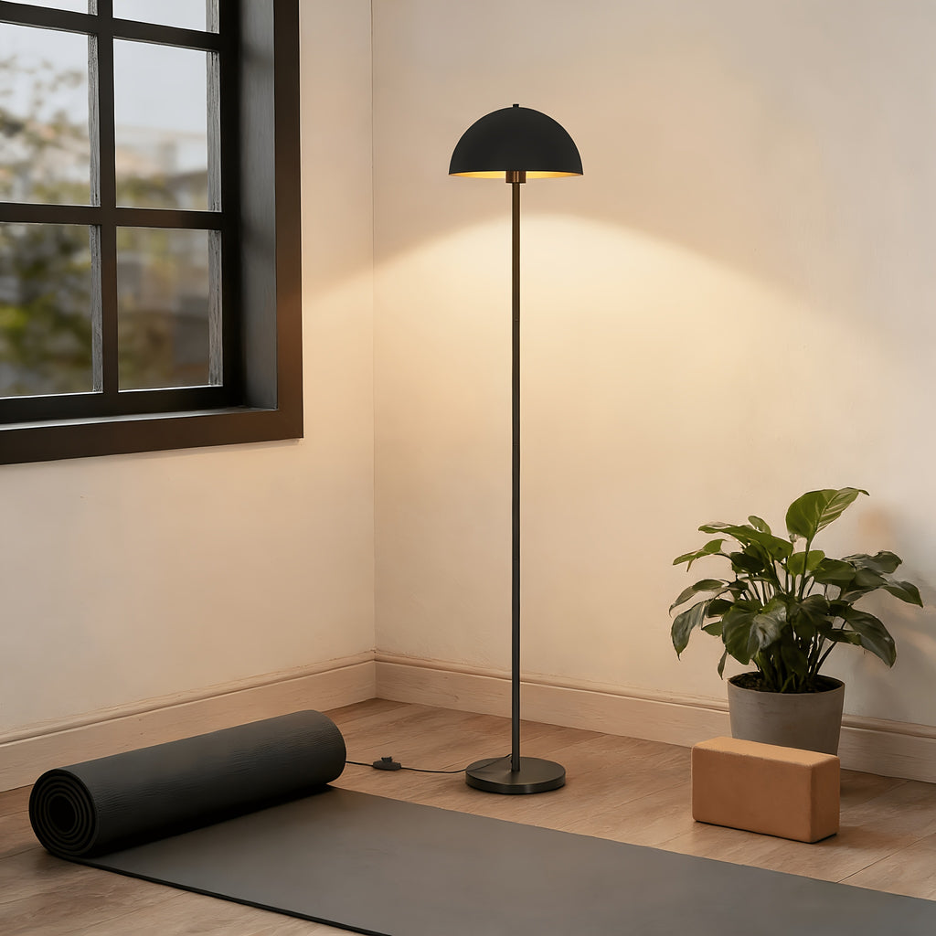 Lampadaire de bureau dôme noir et or, socle épais de 25 cm