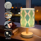 Lampe de chevet en tissu à motif losanges verts et crème, USB