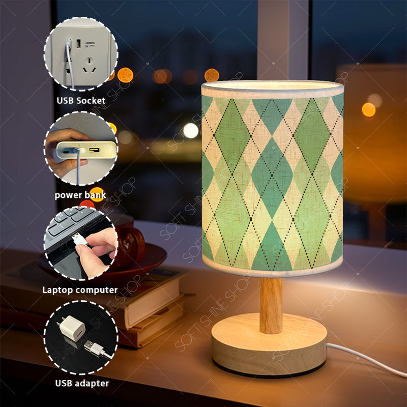 Lampe de chevet en tissu à motif losanges verts et crème, USB