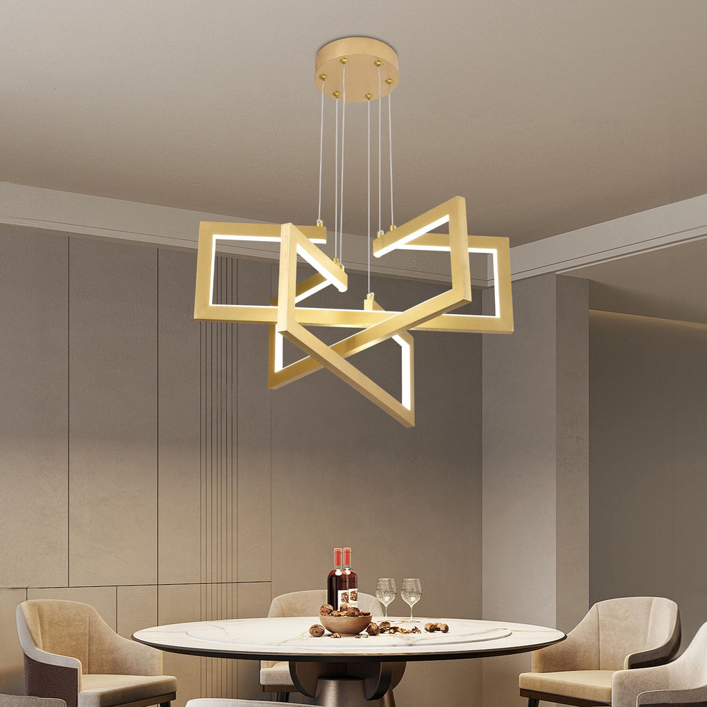 Lustre LED doré à trois cadres carrés, télécommande et variateur