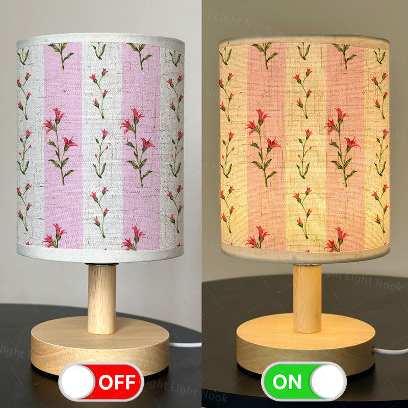 Lampe de chevet à rayures roses et brins fleuris, tissu et USB
