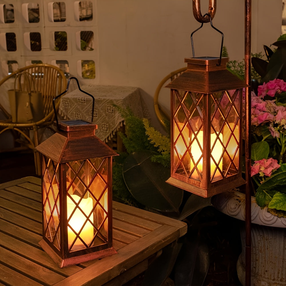 Lanterne solaire vintage cuivrée ou noire à flamme LED, 33,9 cm