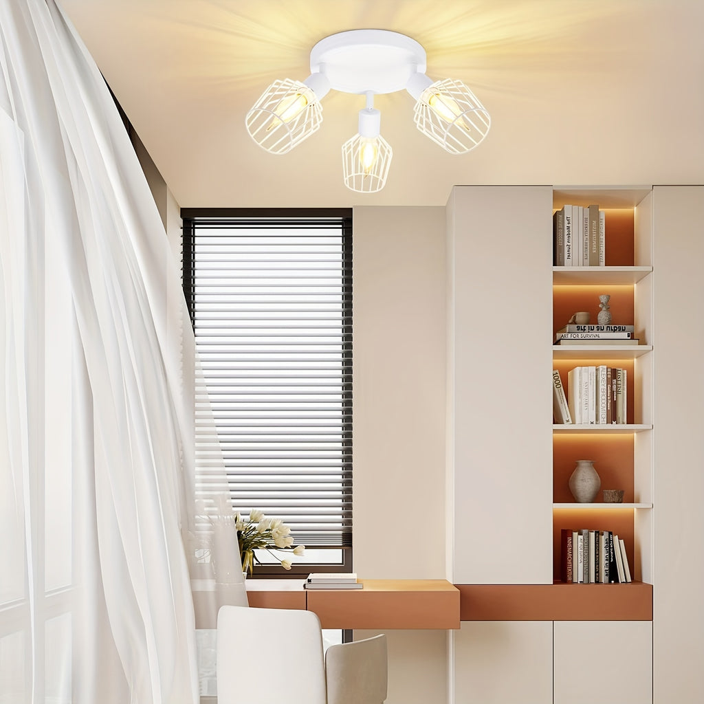 Plafonnier rond à 3 spots en cage filaire, noir ou blanc, E14