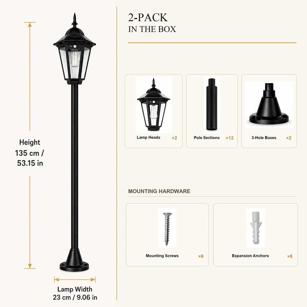 Lot de 2 lampadaires solaires 135 cm à lanterne et filament