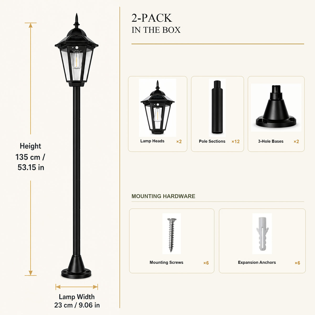 Lot de 2 lampadaires solaires 135 cm à lanterne et filament