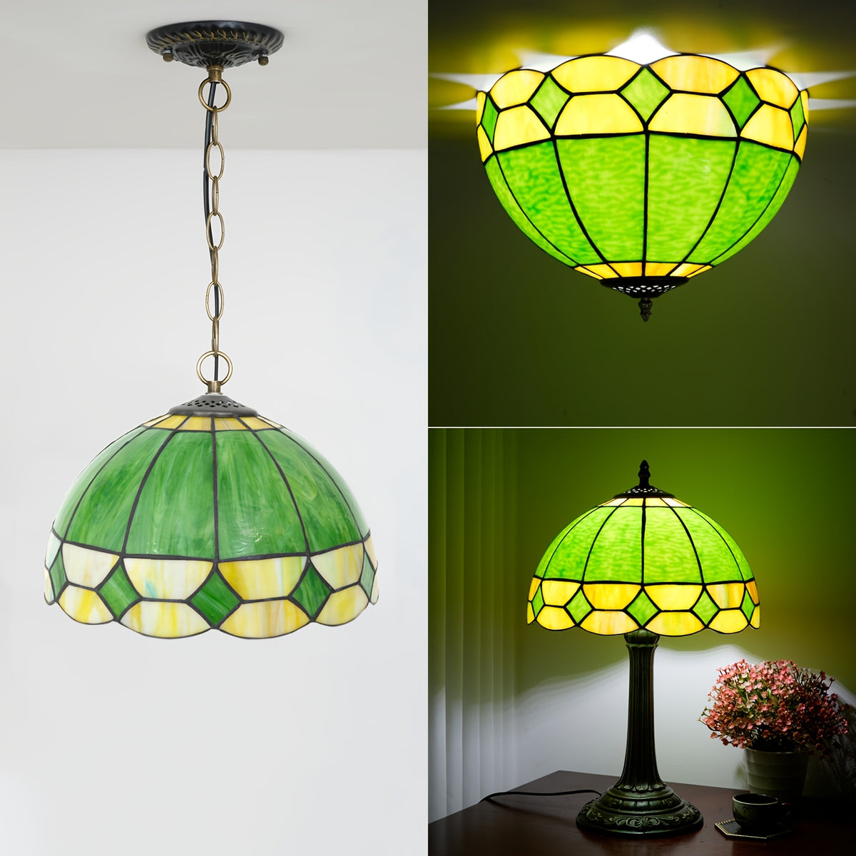 Verre de remplacement en vitrail vert et jaune ambré, Ø 30 cm