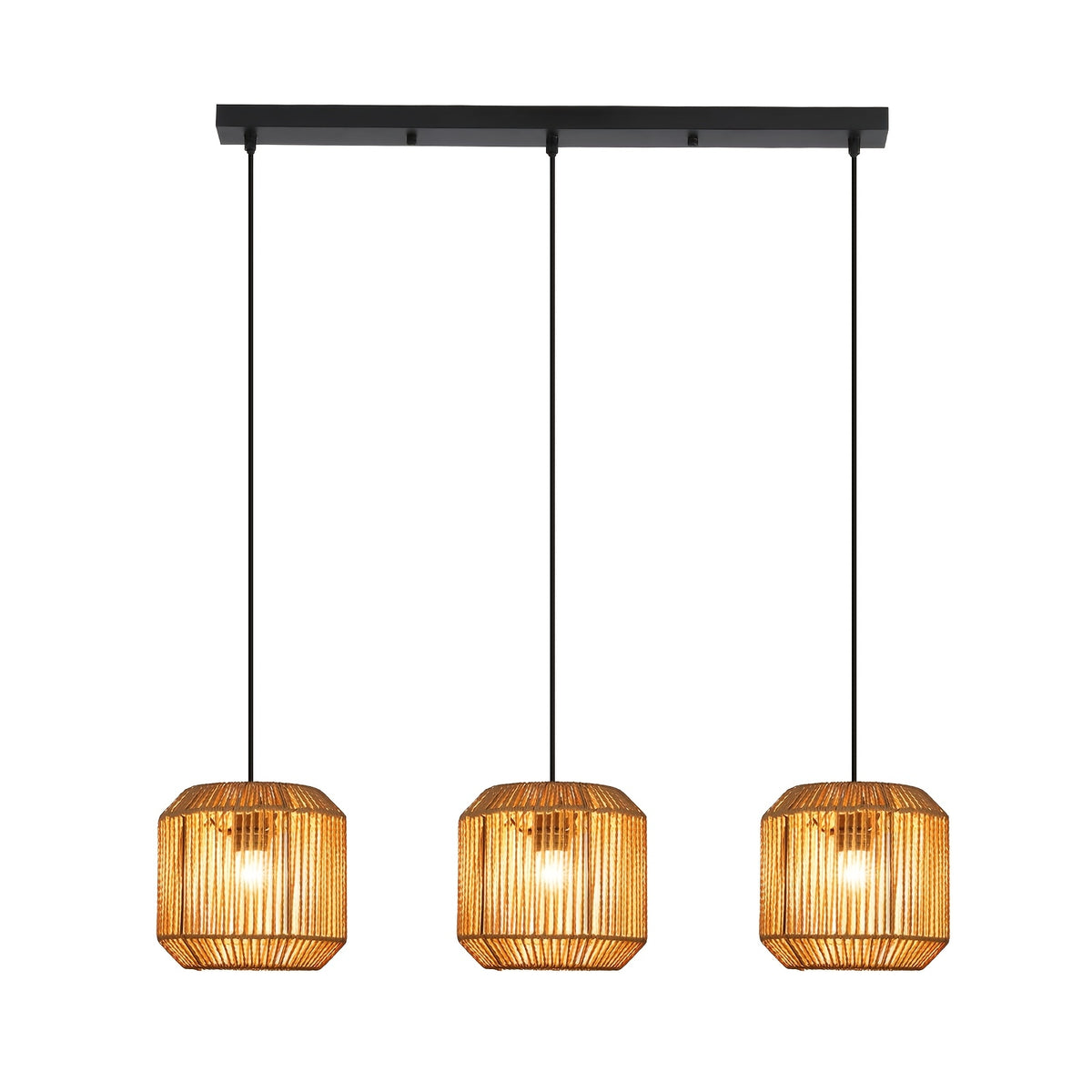 Suspension 3 lampes en corde de papier, cylindres en grappe