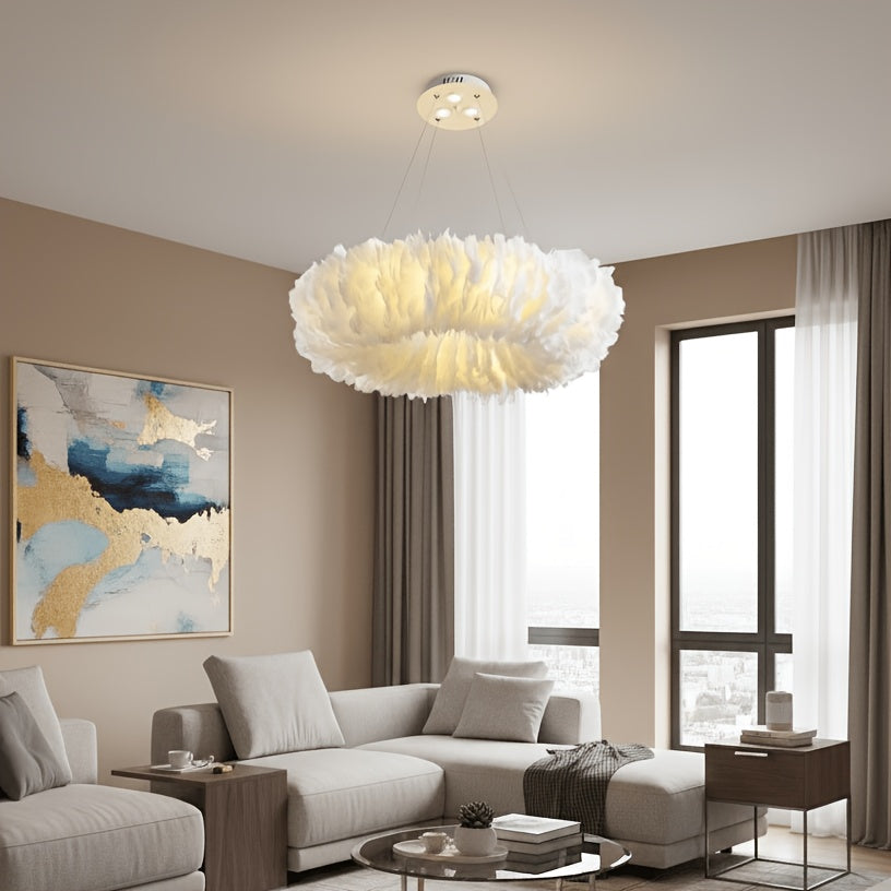 Abat-jour anneau en plumes blanches pour suspension, Ø 51cm