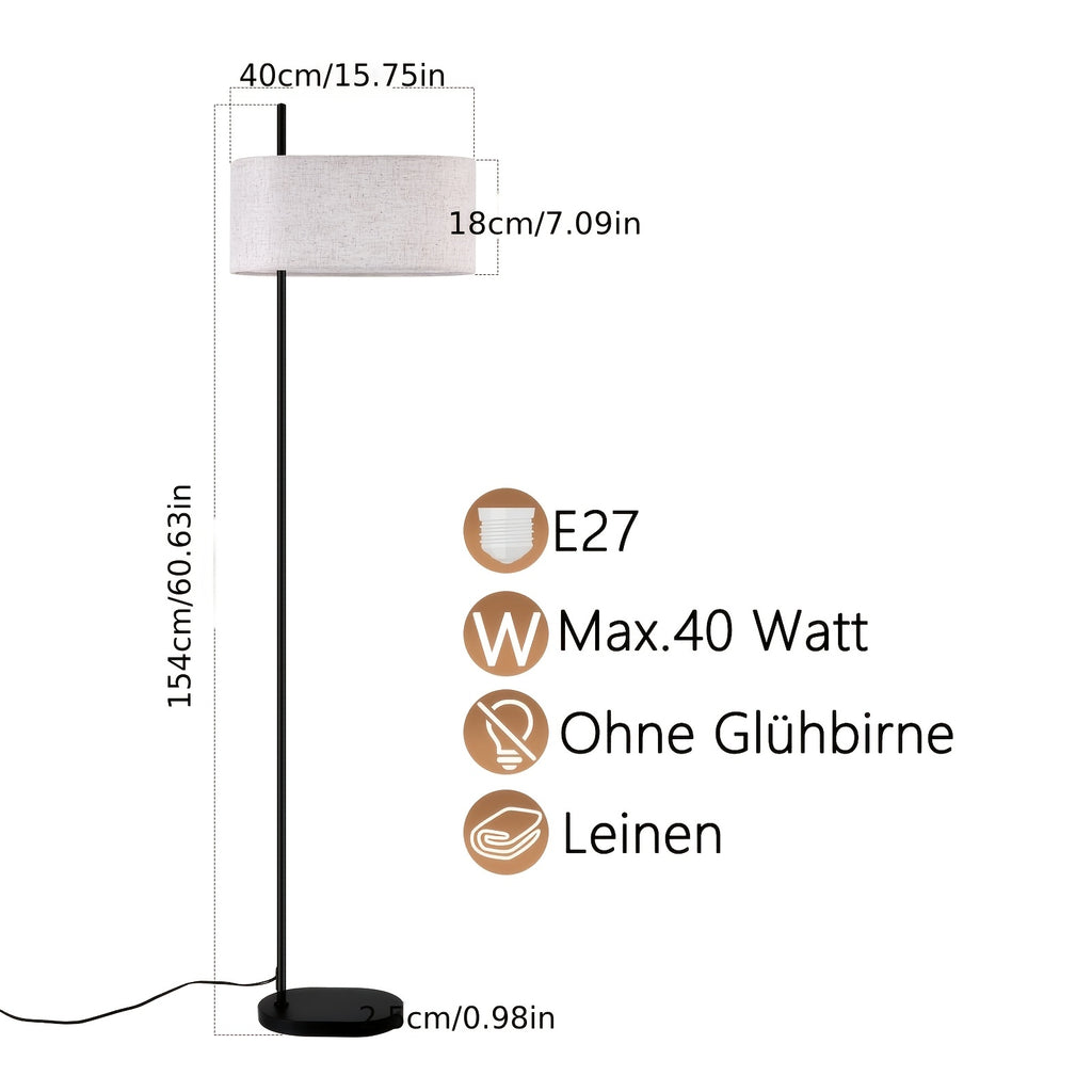 Lampadaire à abat-jour tambour en lin beige et mât noir, 154 cm