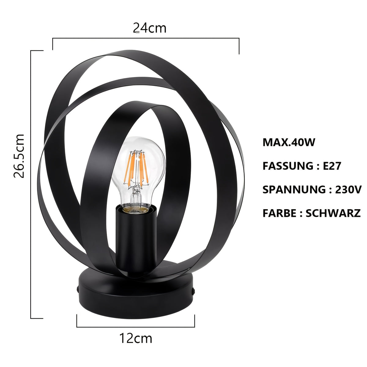 Plafonnier noir à anneaux de métal entrelacés, 26,5 cm, douille E27