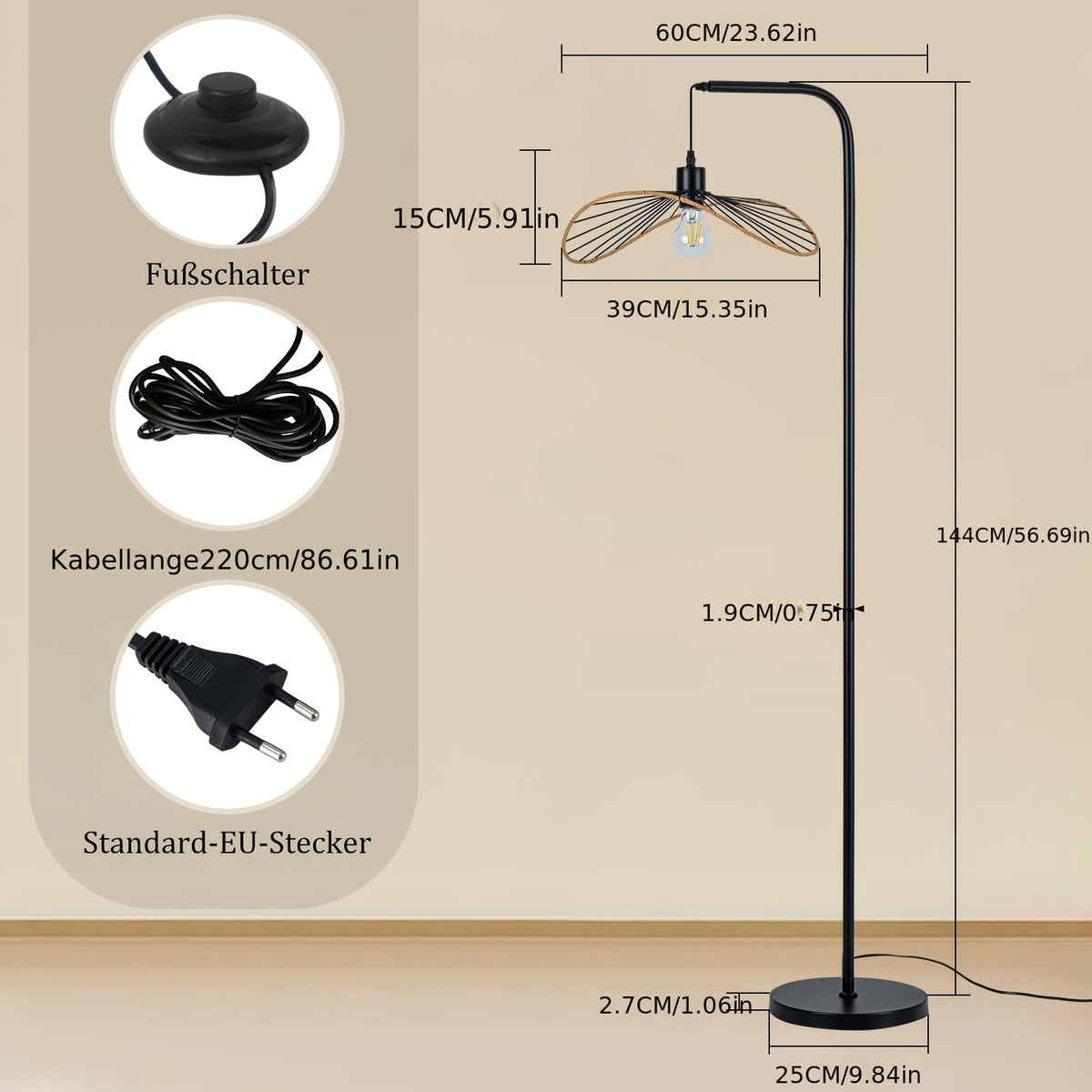 Lampadaire à potence noir et abat-jour filaire ajouré, 144 cm
