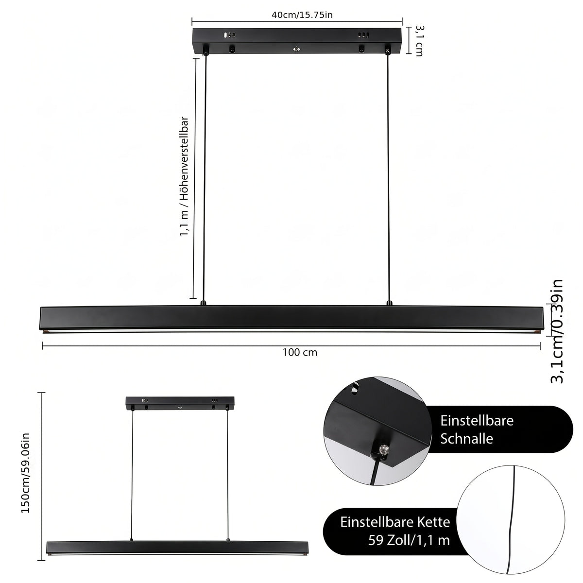Suspension LED linéaire noire à profil fin de 3,1 cm, barre de 100 cm
