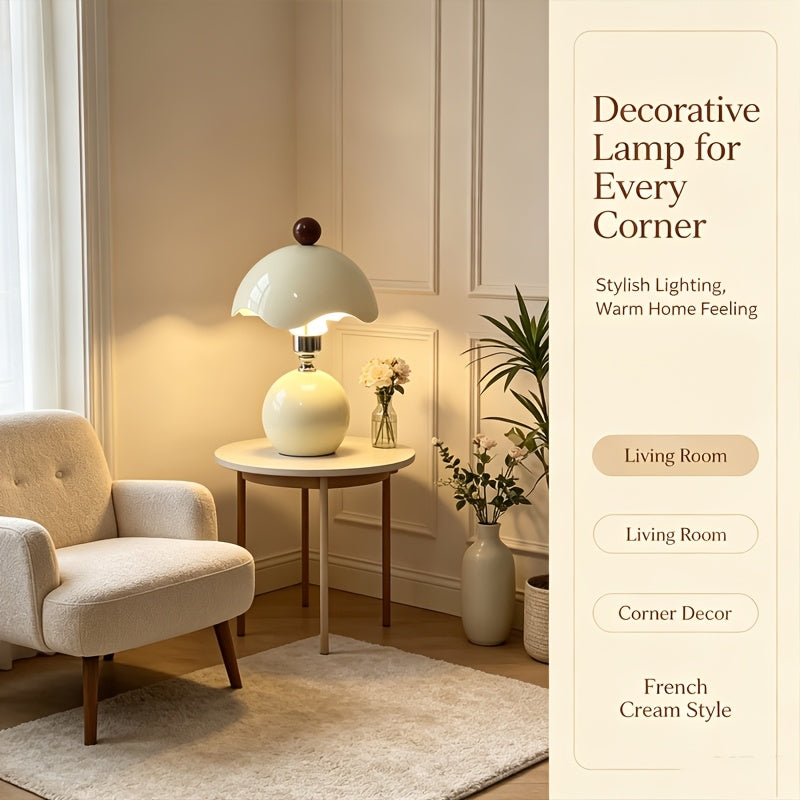 Lampe de chevet champignon crème rétro, chapeau ondulé et LED