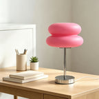 Lampe à poser rose en forme de macaron, pied chromé, 30 cm