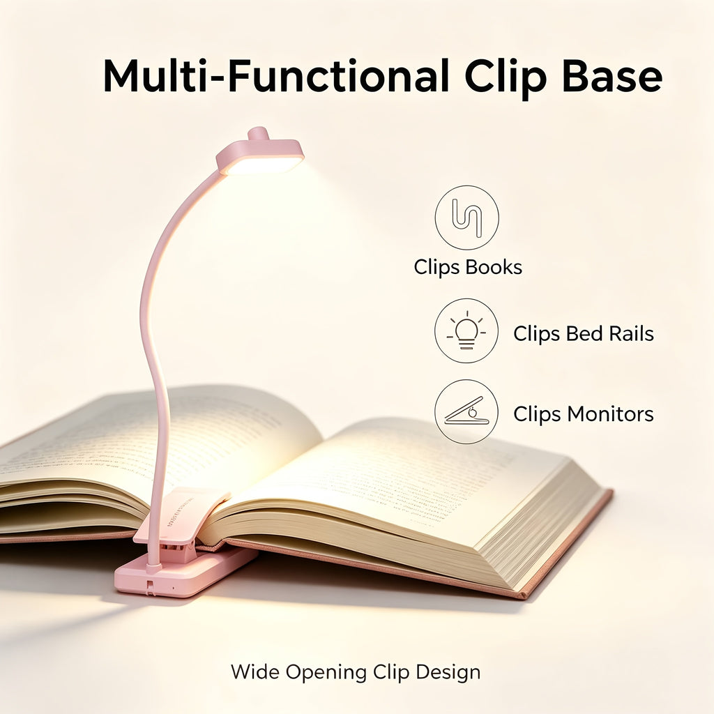 Lampe de lecture à pince rose pliable, col silicone, recharge USB