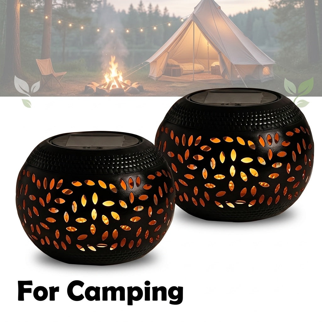 Lampe de table solaire boule en fer ajouré, motif de feuilles