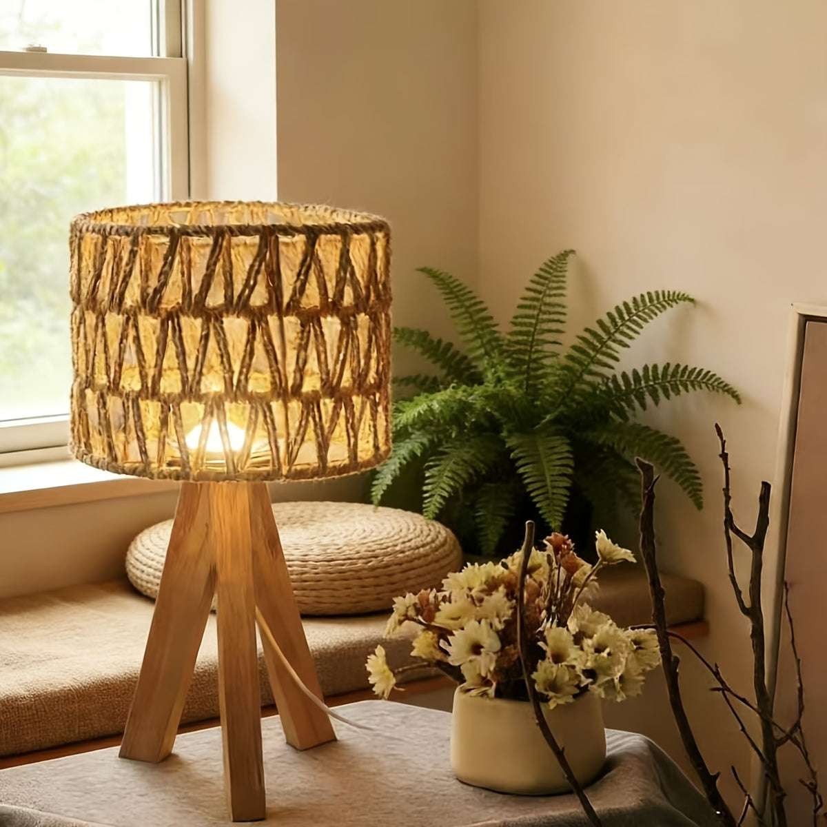Lampe de chevet trépied en bois, abat-jour en corde tressée ajourée