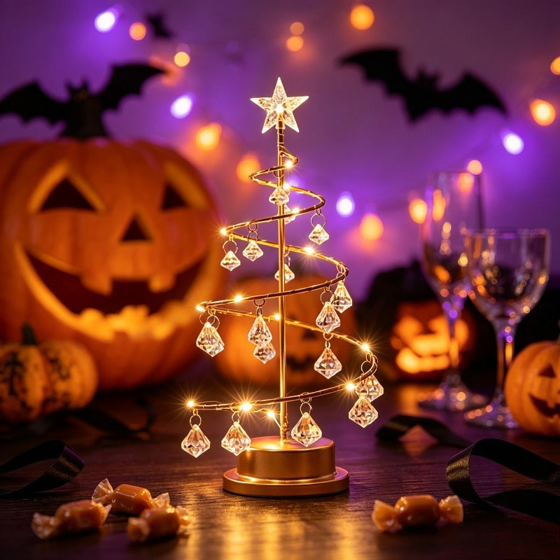 Lampe sapin de Noël spirale dorée à pampilles et étoile LED, 31 cm