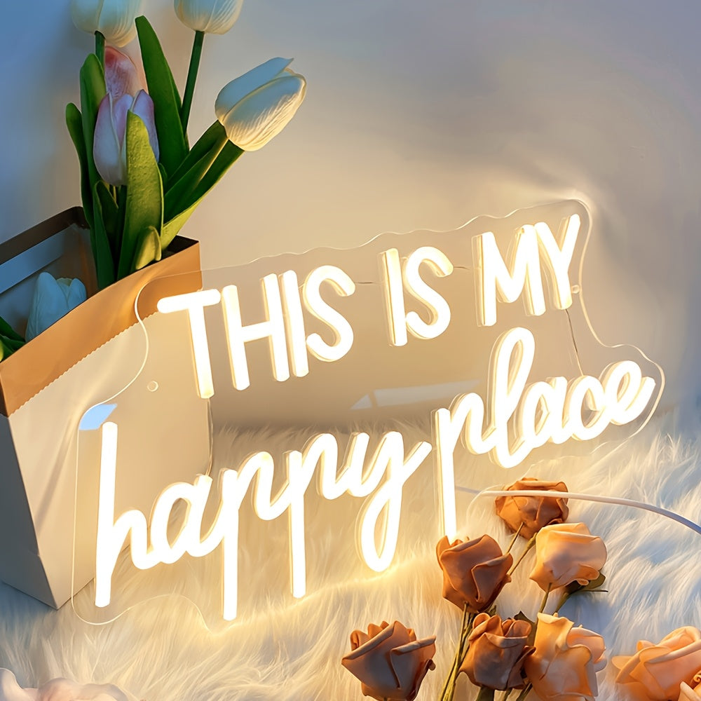 Enseigne néon LED « This is my happy place » blanc chaud, 39 cm