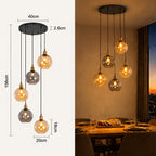 Suspension cascade 5 globes en verre ambré et fumé, hauteur 156 cm